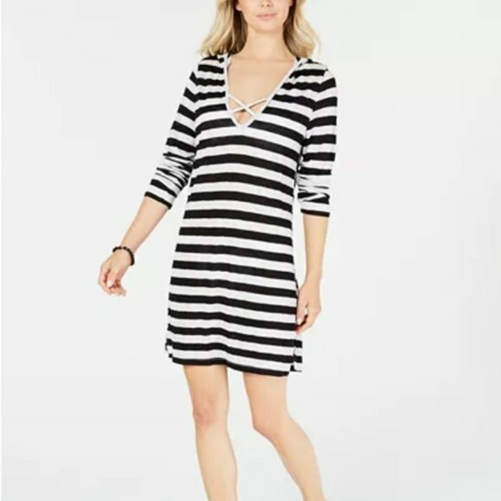 Miken Swimsuit Cover-Up‎ Dress Hooded Black White Striped Size Large NEW